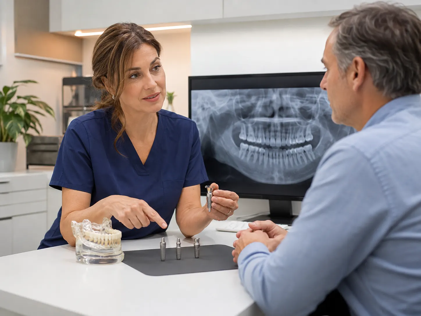 врач обсуждает с пациентом выбор системы зубных имплантов Straumann Osstem или Dentium