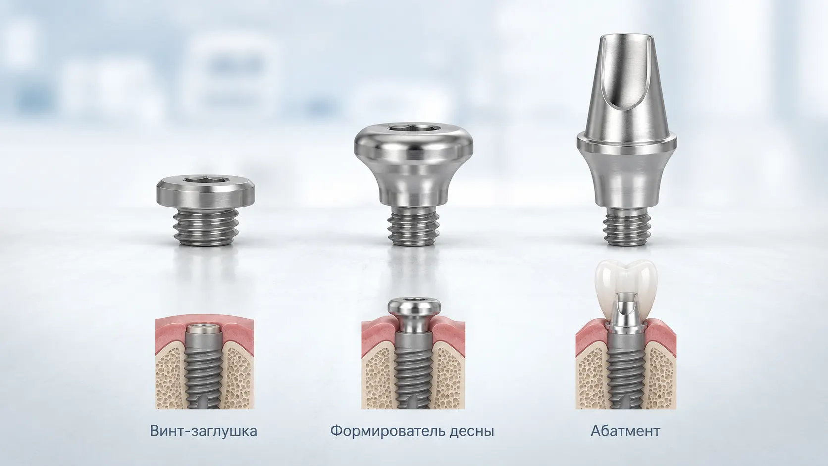 Схема отличий винта-заглушки, формирователя десны и абатмента на импланте